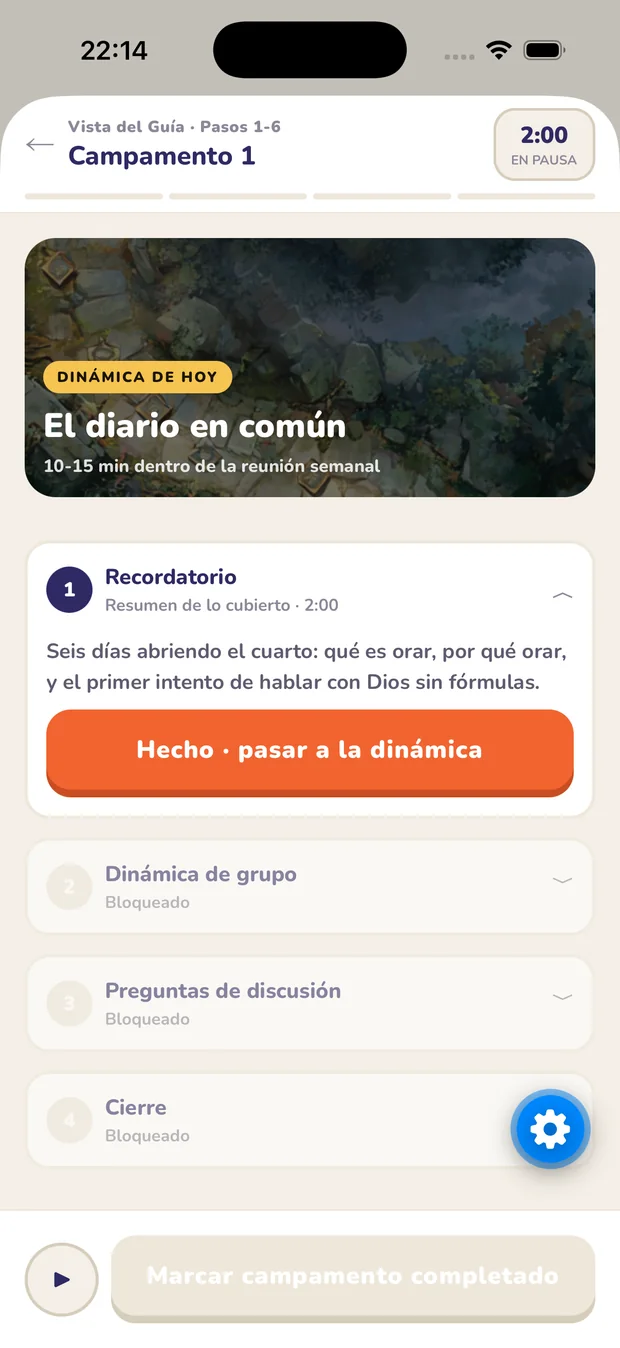 La sesión del Campamento Base en la app, con cronómetro y bloques