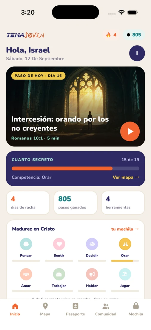 Pantalla de inicio de TEMAJOVEN, vista del Caminante