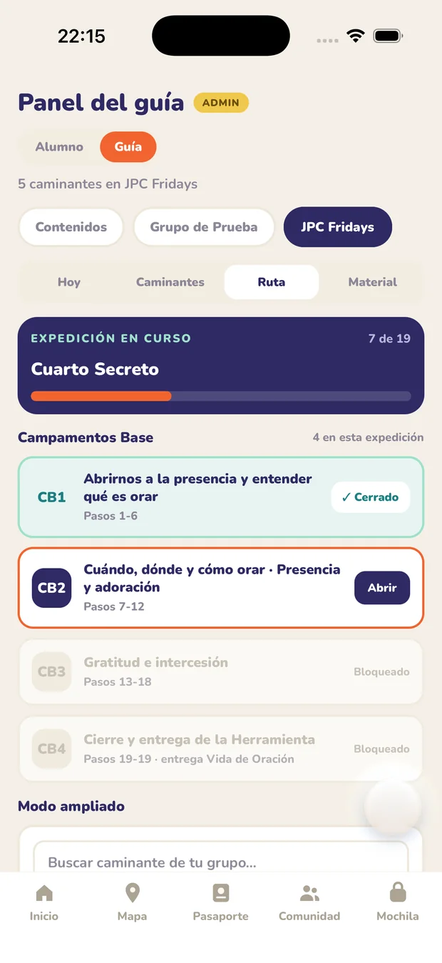 Panel del Guía: la ruta de la Expedición, con los Campamentos Base cerrados, abiertos y bloqueados