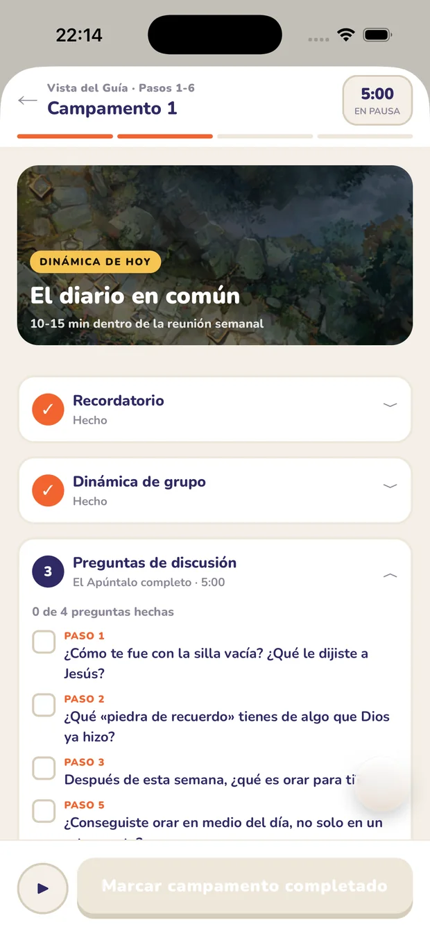 Vista del Guía: el Campamento Base preparado, con dinámica, recordatorio y preguntas de discusión