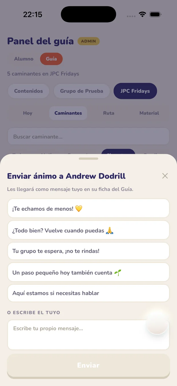 Panel del Guía: enviar un mensaje de ánimo a un caminante que lleva días sin entrar