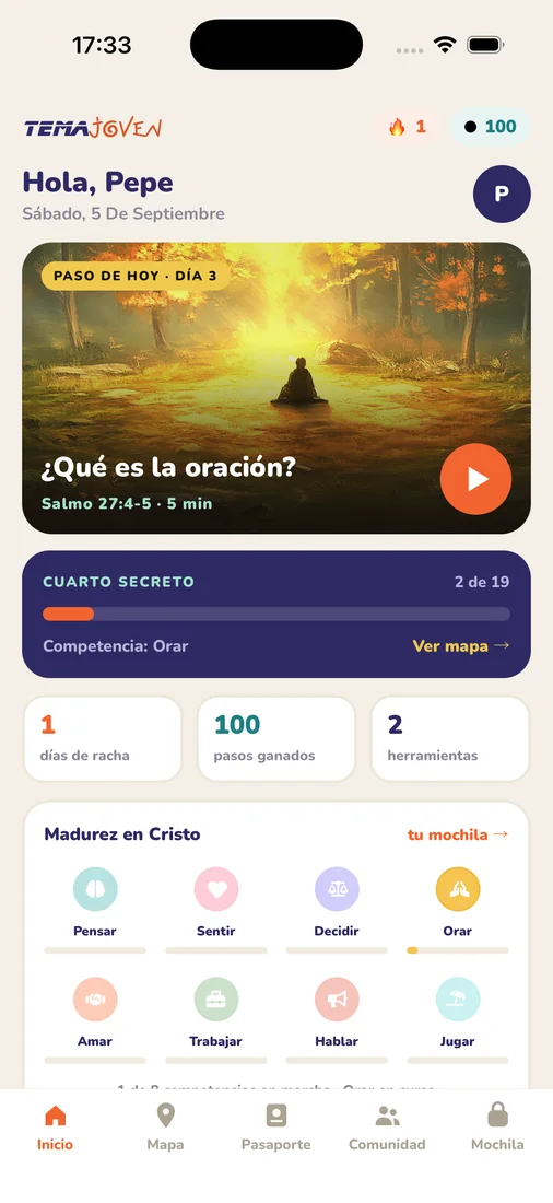 Pantalla de inicio de la aplicación con el paso del día y las competencias