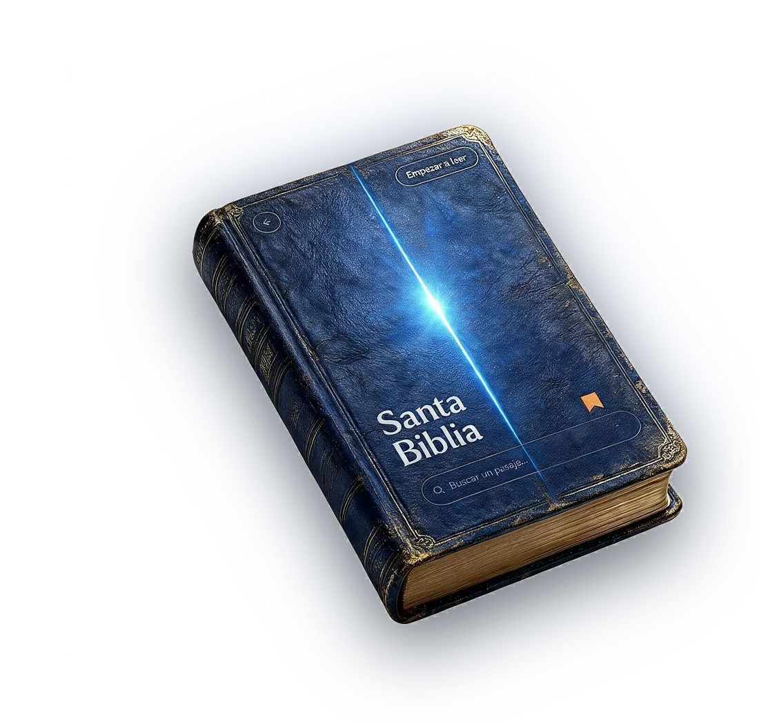 La Santa Biblia encuadernada en cuero, con la interfaz de la aplicación sobre la tapa y una luz saliendo del interior del libro